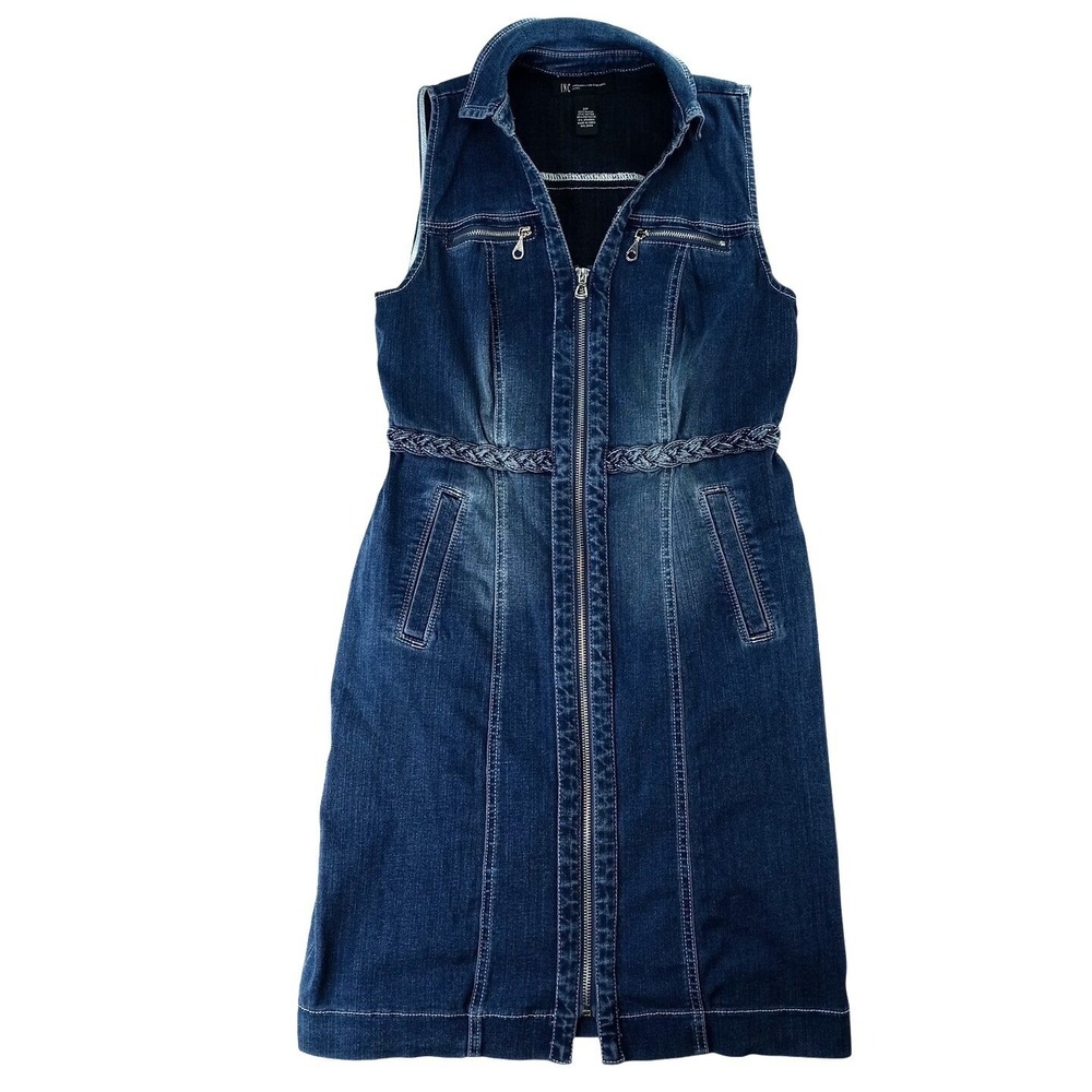 INC International Concepts Petite Sleeveless‎ Denim Dress Zip Front Braided Belt